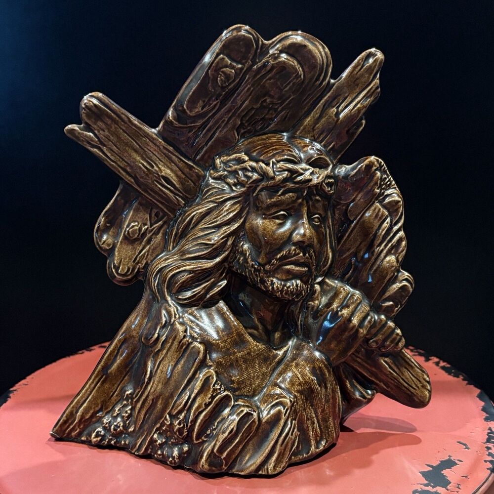 Ceramic Jesus Carrying Cross Bust Sculpture Brown Drip Glaze Religious Statue